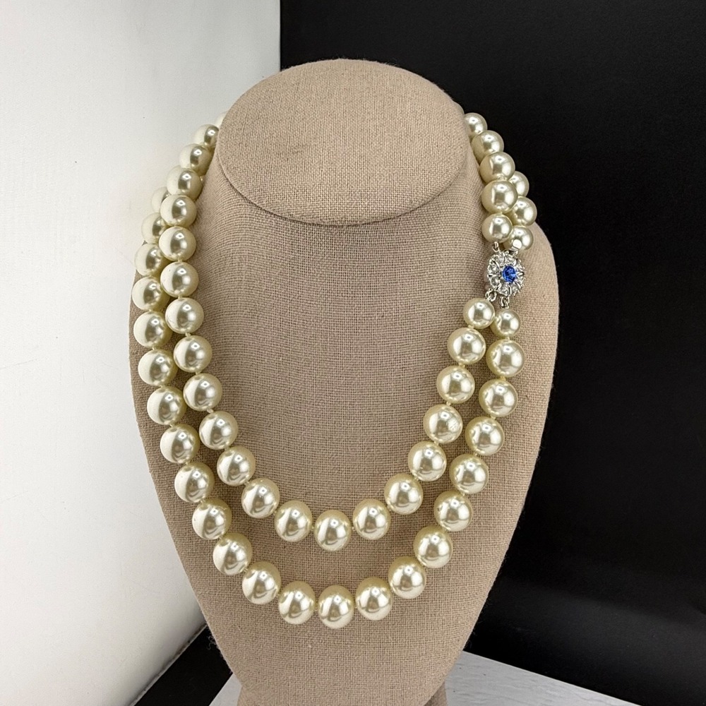 Vintage JBK Necklace Cream Layered Glass Pearl Rhinestone 17in